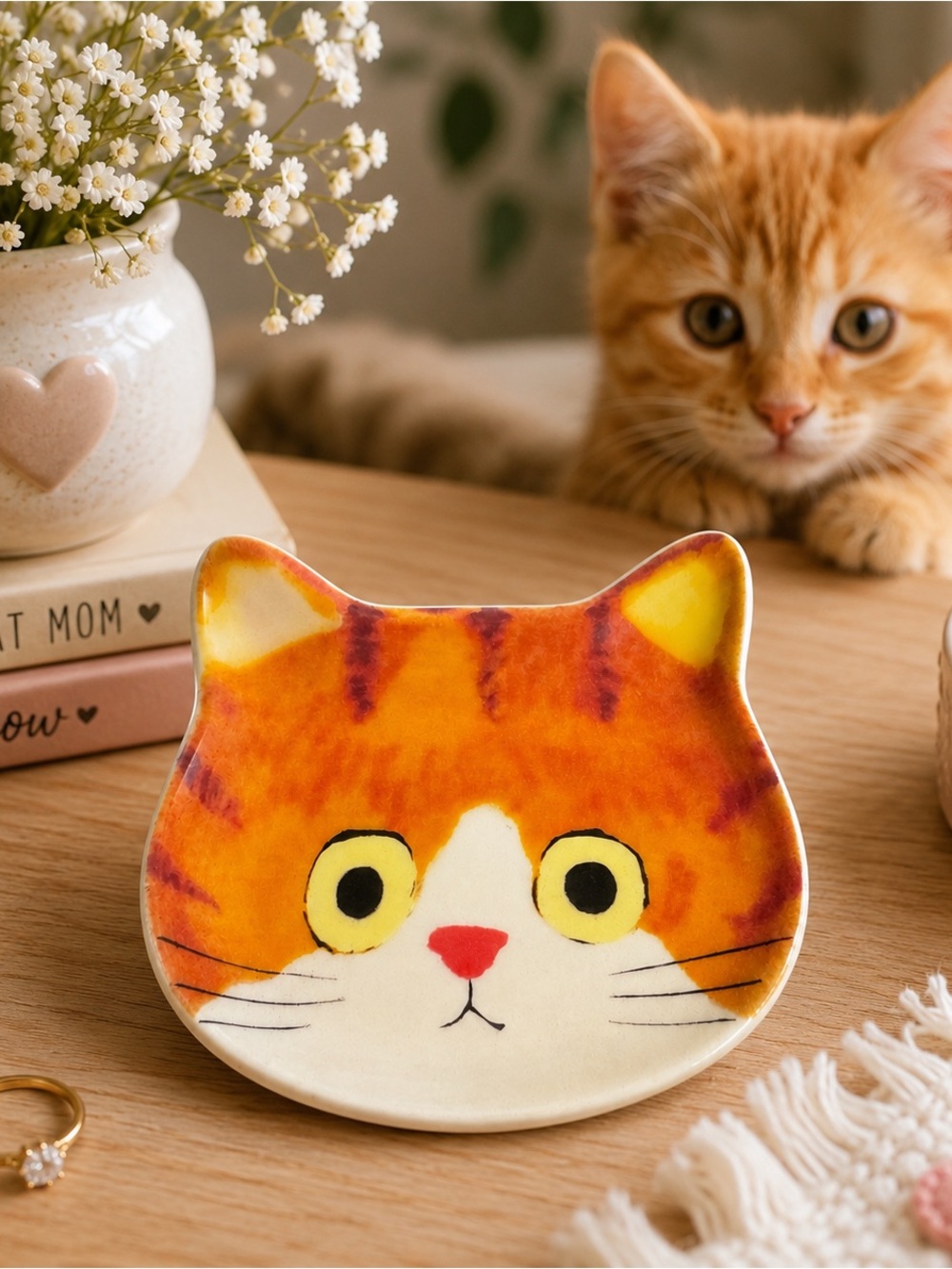 Ecoute! Minette Orange Tabby Cat Ceramic Trinket Dish Ring Holder Kawaii